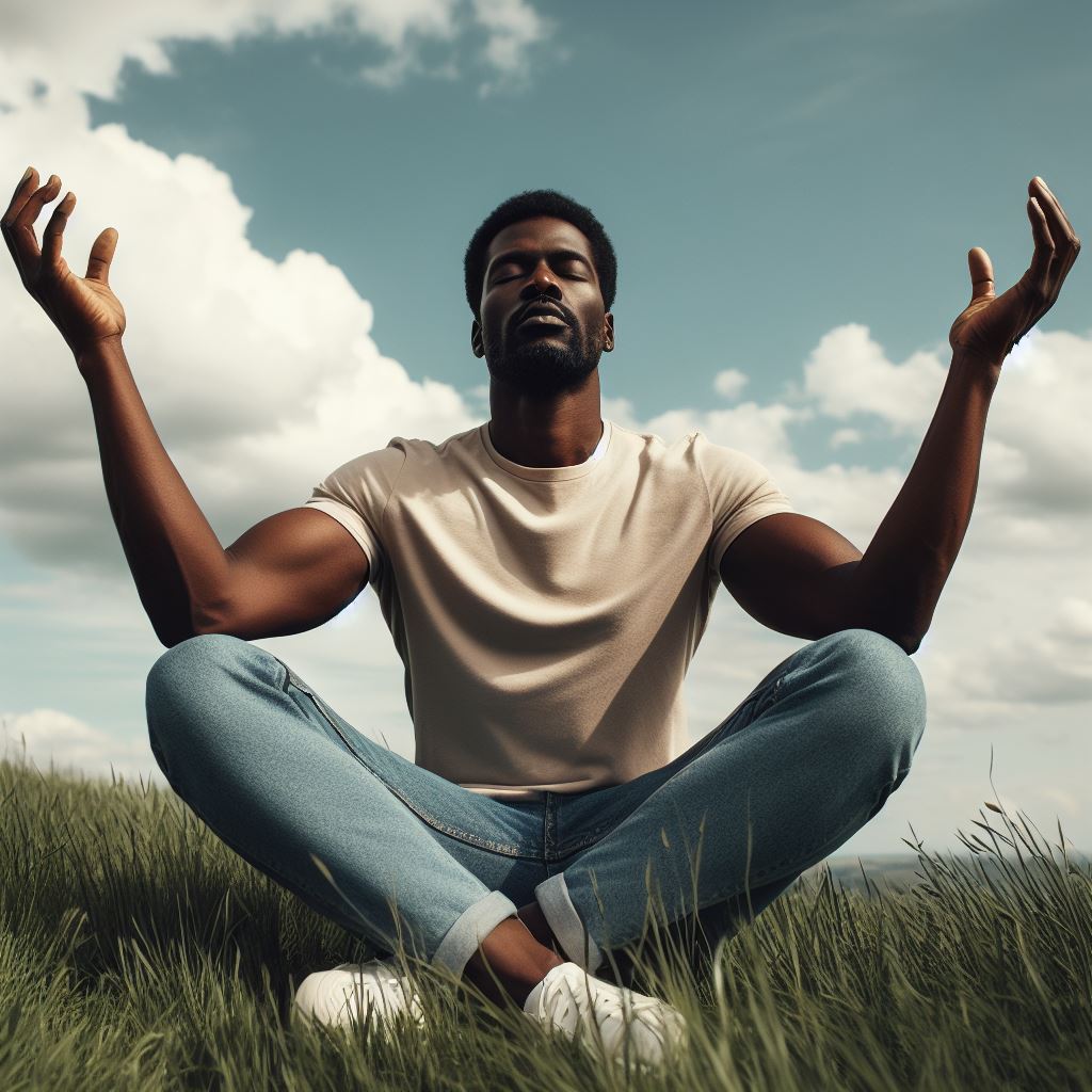 Man meditating in nature. Meditation can help manage stress, anxiety, and depression
